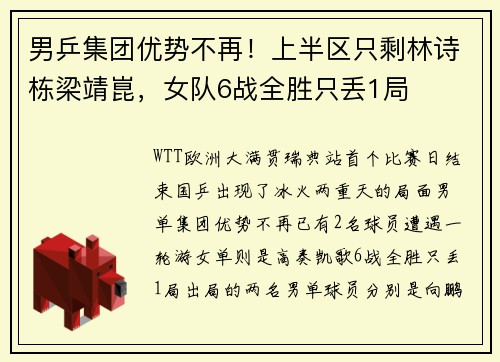 男乒集团优势不再！上半区只剩林诗栋梁靖崑，女队6战全胜只丢1局